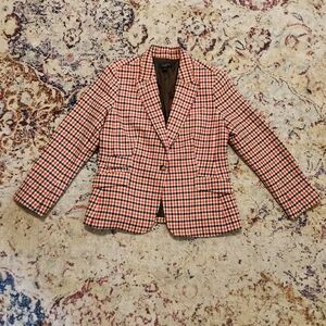 Talbots Houndstooth Blazer Wool Blend Brown Orange Pink Cream Size 16 Petite